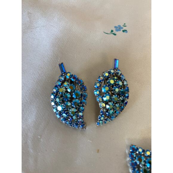 vintage 1950s Julianna aqua rhinestone brooch and earrings 50s jewelry set leaf - Picture 4 of 9